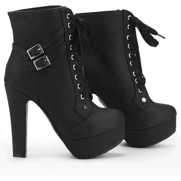 Women's Black Susanny High Heel Platform Sexy Lace Up Mid Calf Boots - Picture 9 of 9